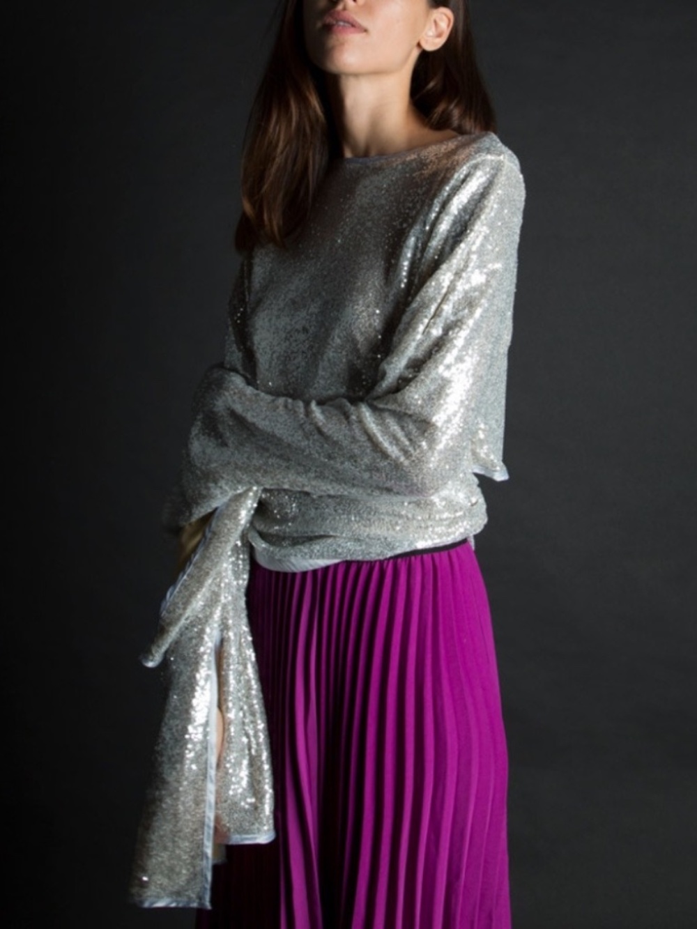 Beulah Style Silver Sequin Long Bell Sleeve Tie-Back Party Holiday Top SZ S
